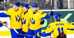 Ukrainian national ice hockey team celebrates a goal, preparing for matches against Hungary in the second European Nations...