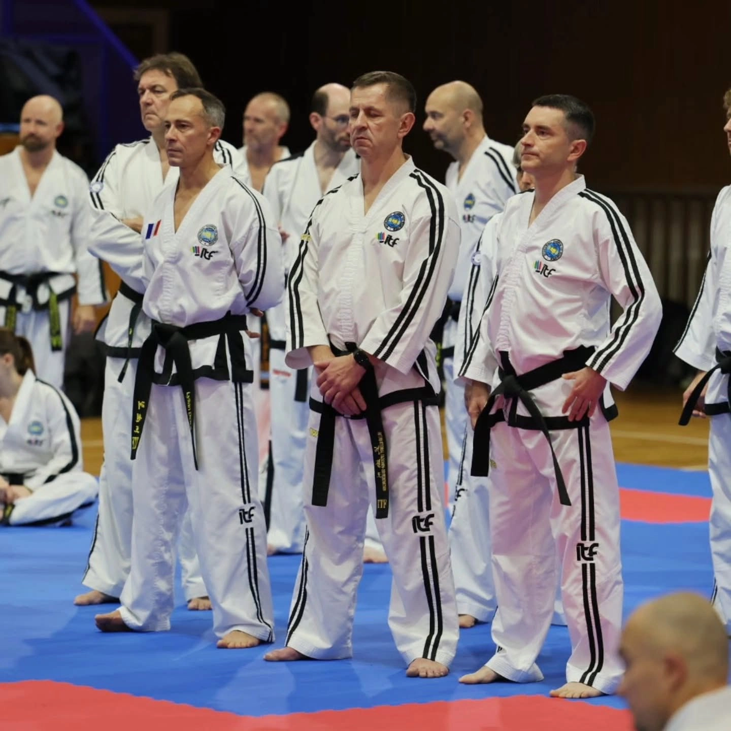 350 Taekwon-Do practitioners in black belts at the IIC 2025 in Trnava, Slovakia, celebrating martial arts excellence.