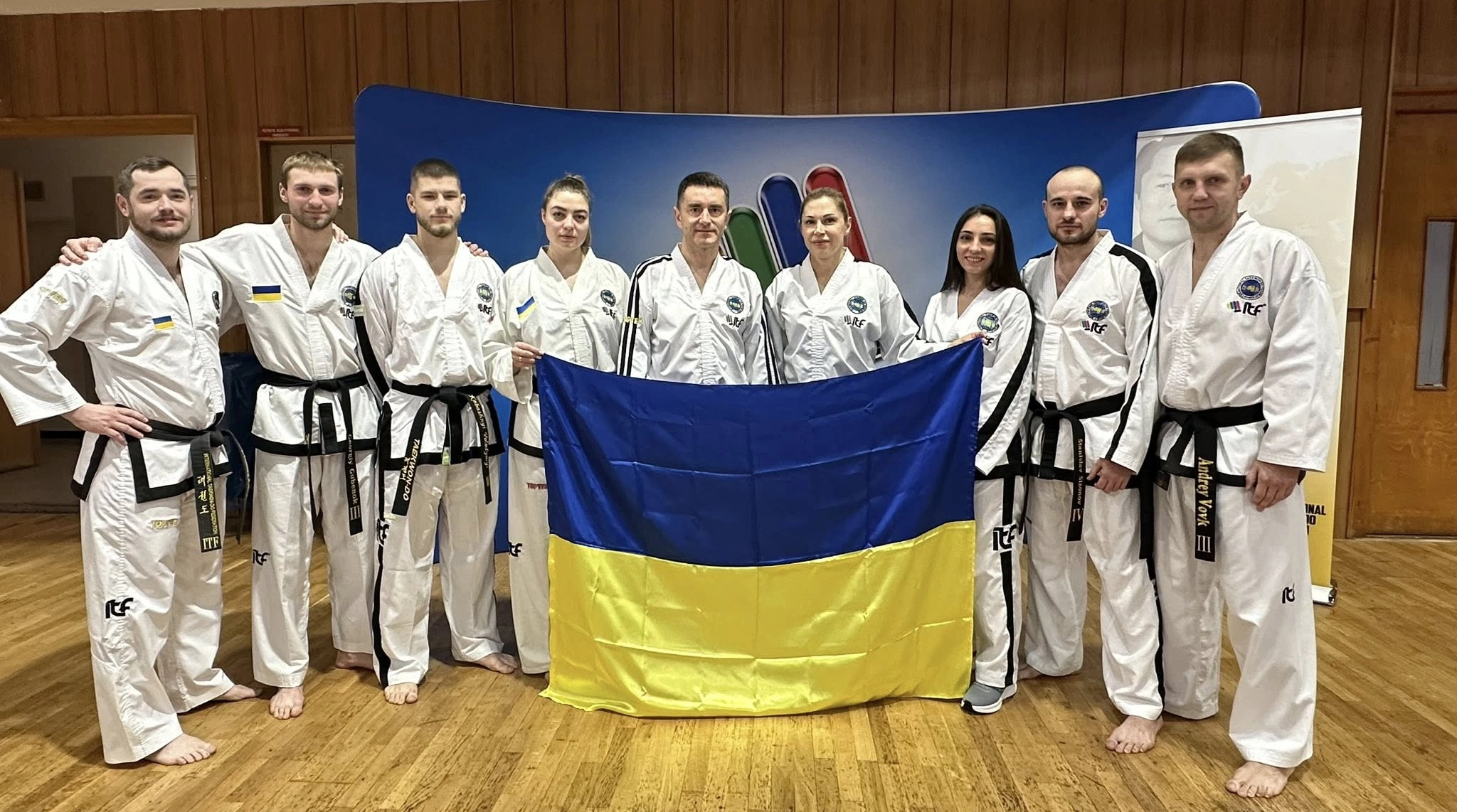Ukrainian Taekwon-Do team at the 189th International Instructor Courses 2025 in Trnava, Slovakia, showcasing unity and pro...