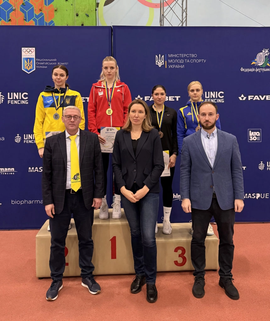 Winners of the Ukrainian Cup in fencing, December 19, at Lviv State University of Physical Culture, celebrating achievements.