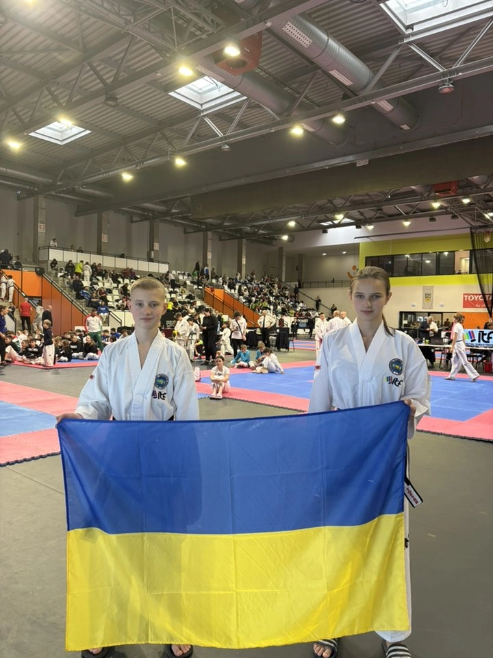 Ukrainian Taekwon-Do team proudly displays their flag at the XII Mightyfist Open Eagles Cup in Hungary.