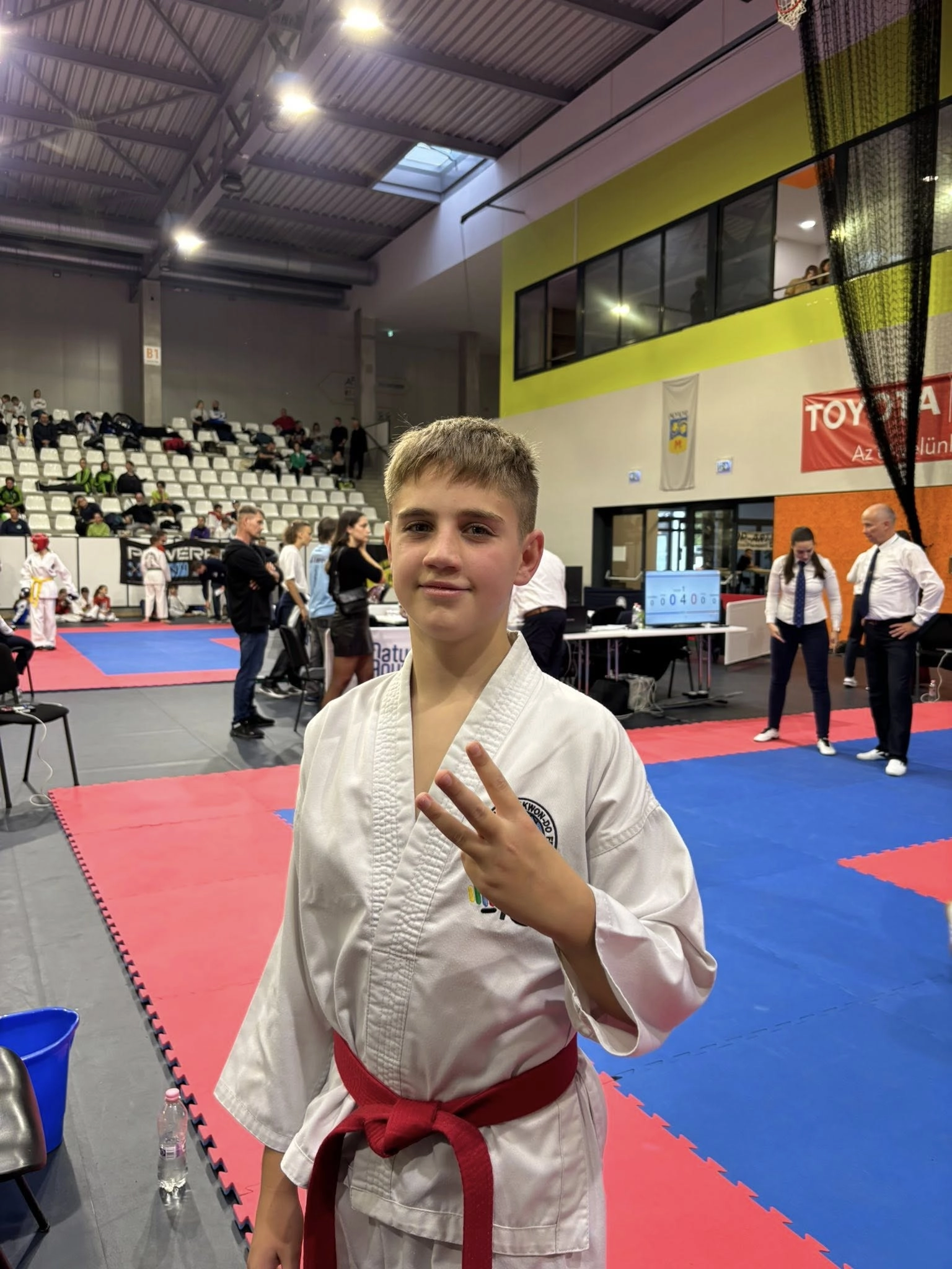 Ukrainian Taekwondo team member celebrates success at the XII MIGHTYFIST OPEN EAGLES CUP in Hungary, October 2025.