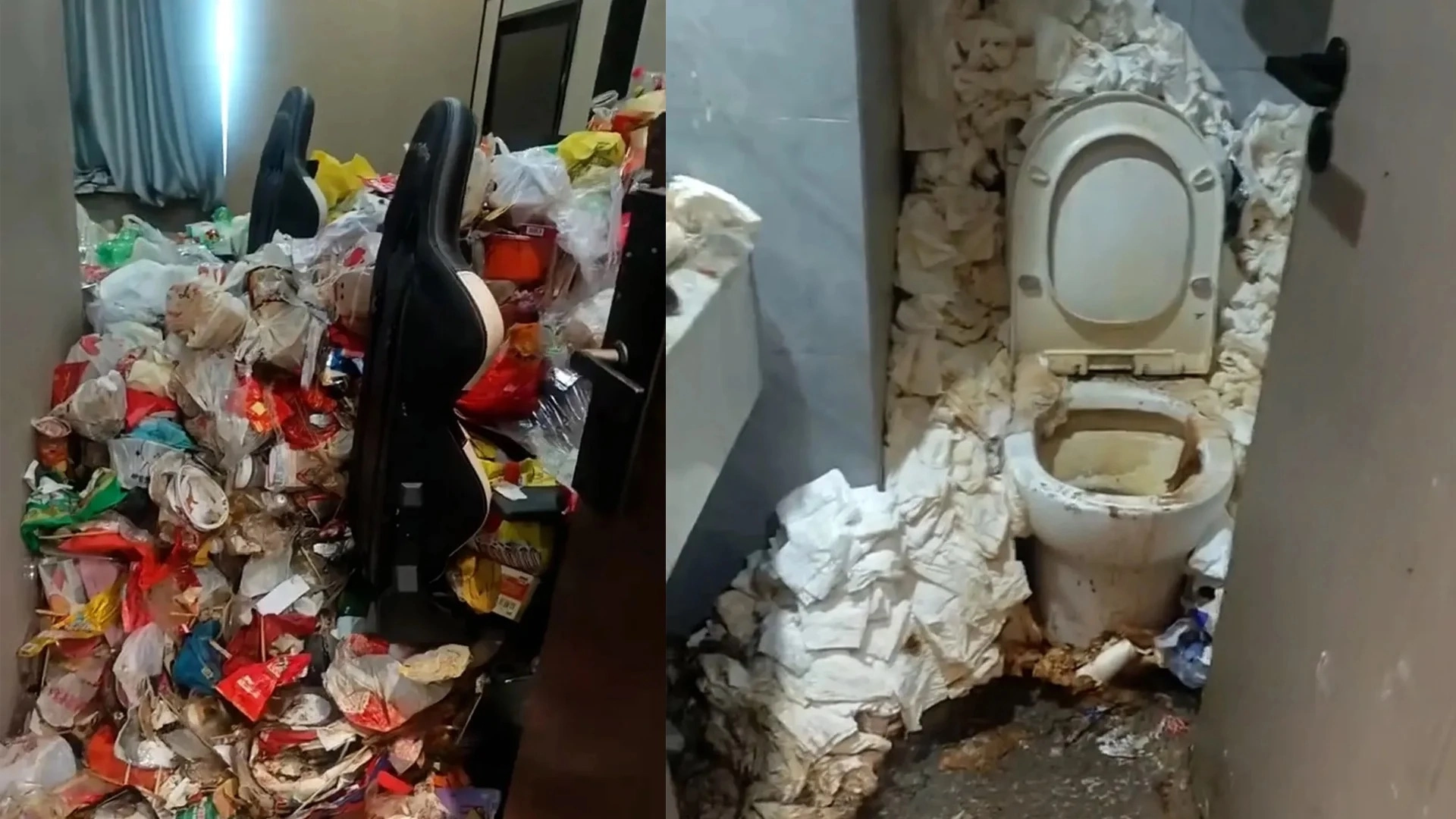 Alt text: A chaotic hotel room filled with rubbish and waste, highlighting neglect and poor hygiene conditions.