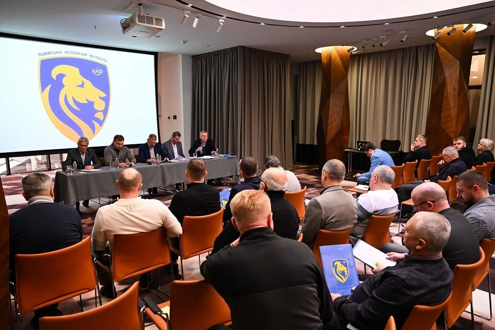 Representatives of UAF at the Lviv Football Association conference, discussing regional football development and initiatives.