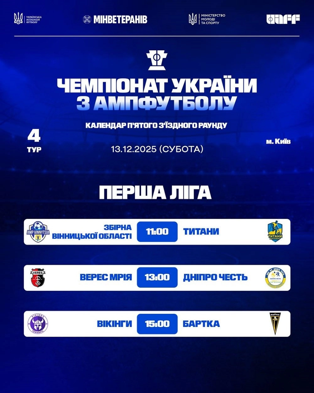 Розклад матчів чемпіонату України з ампфутболу на 13 грудня 2025 року в Києві. Підтримаймо учасників!