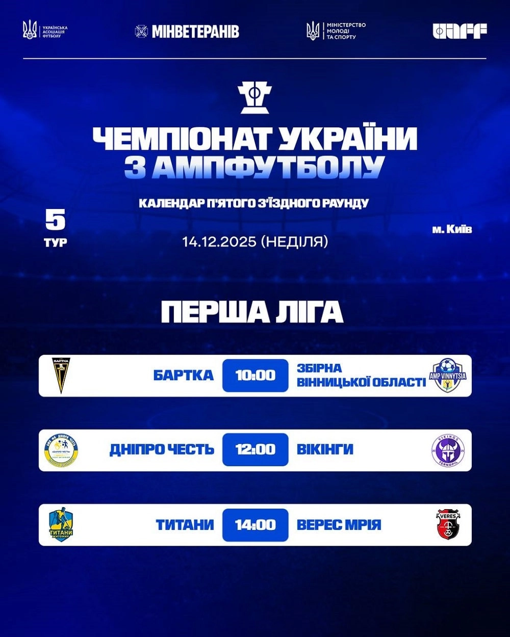 Чемпіонат України з ампфутболу: розклад матчів Першої ліги 14.12.2025 у Києві на НТК ім. В. Баннікова.