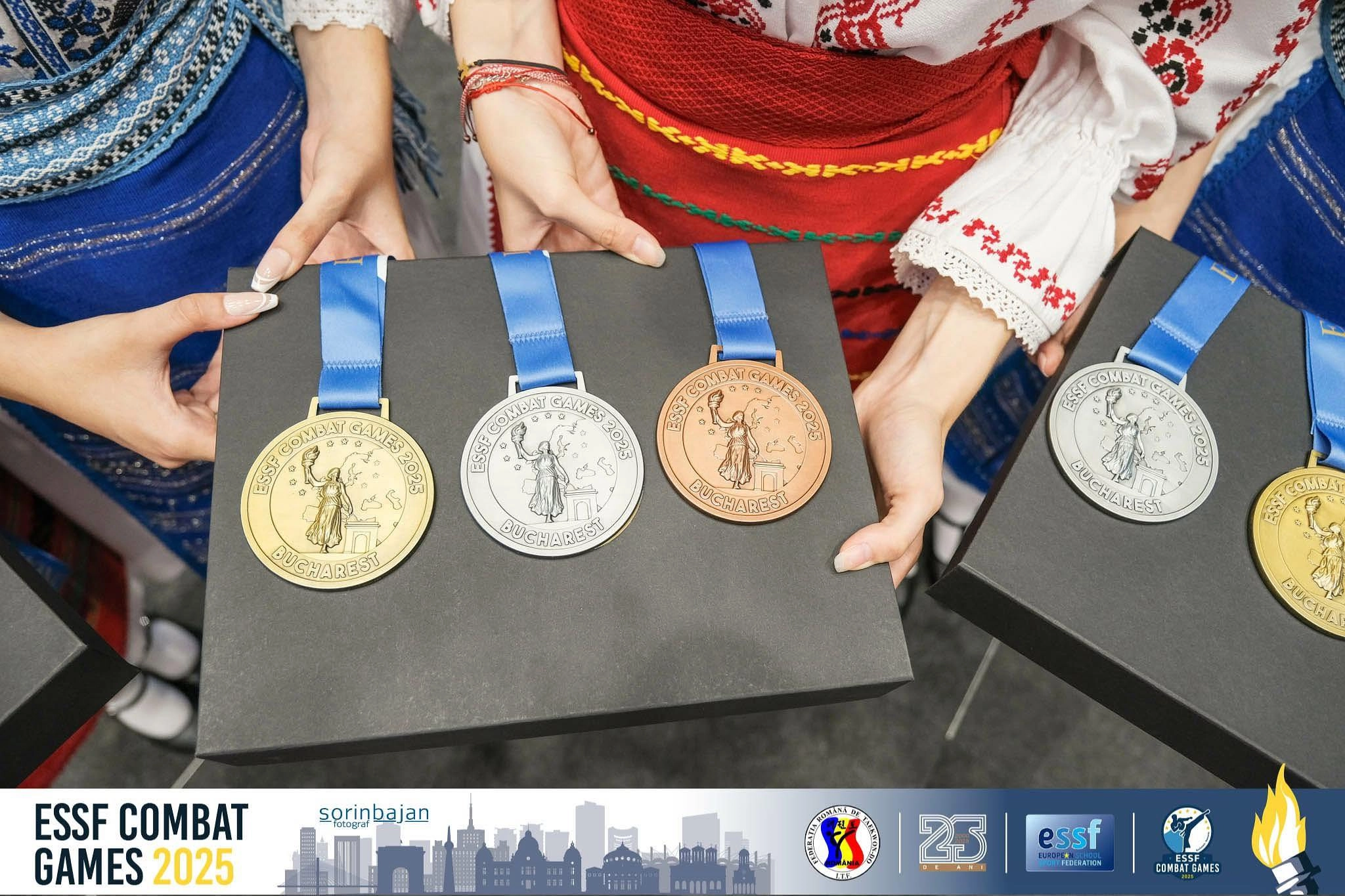 Alt text: "Medals displayed at ESSF Combat Games 2025 in Bucharest, highlighting Ukraine