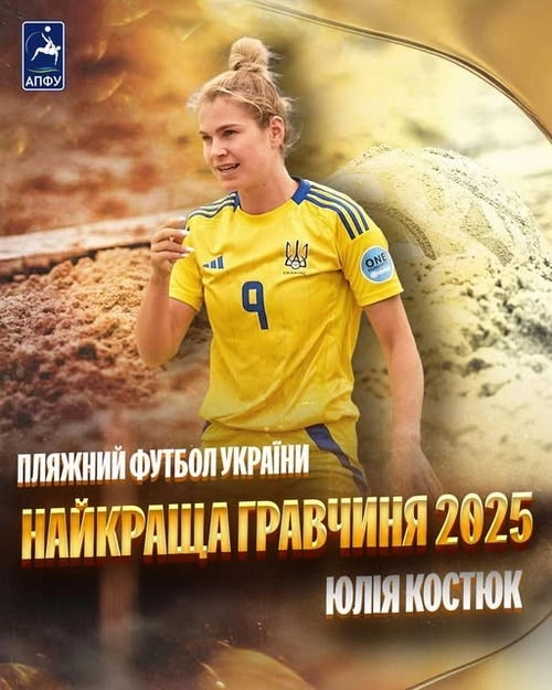 Юлія Костюк — найкраща гравчиня українського пляжного футболу 2025 року, фото з нагородження та виступів у збірній України.