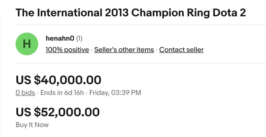 Аукціонна сторінка eBay з перснем переможця The International 2013 за 40 000 доларів США