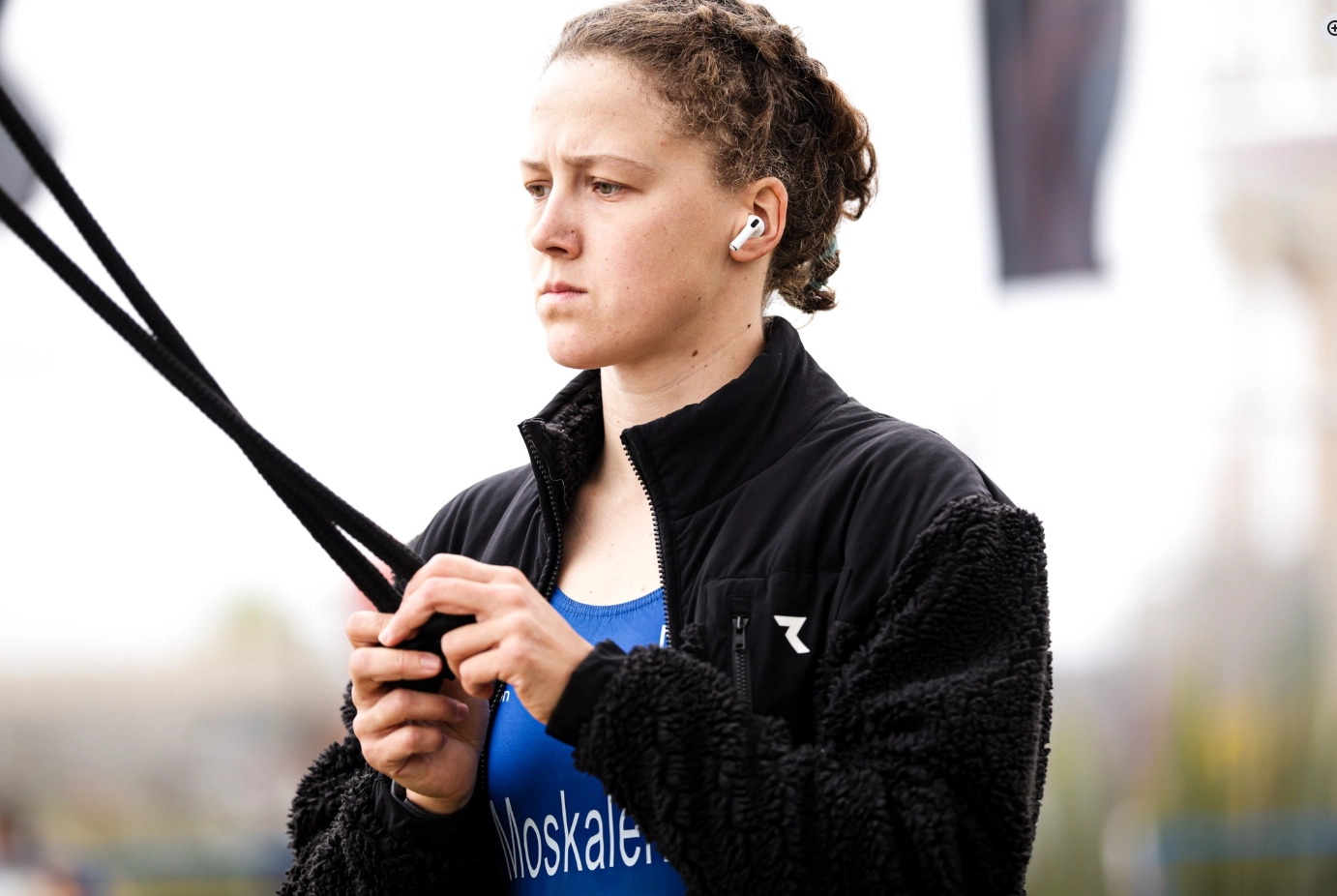 Ukrainian triathlete Darina Moskalenko prepares for competition in Viña del Mar, Chile, during the 2023 World Cup event.