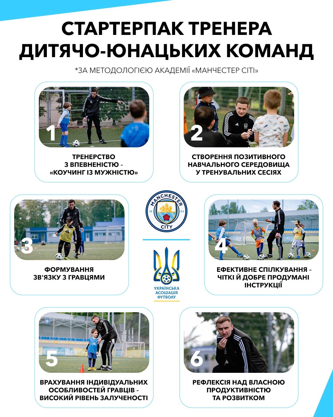 Тренери проводять семінар для дитячих футбольних команд за методологією академії «Манчестер Сіті