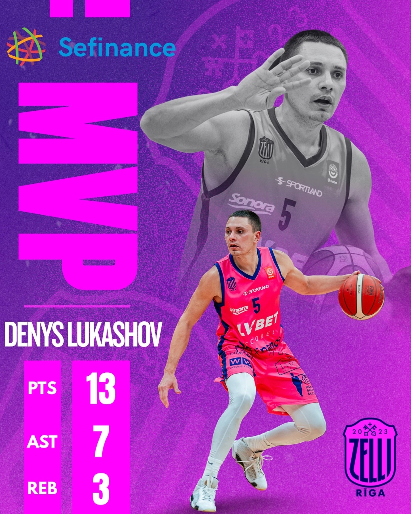 Денис Лукашов у формі Зеллі Рига з баскетбольним м'ячем, текст MVP на фоні