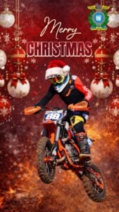 A festive motocross rider in a Santa hat jumps amidst a Christmas-themed background, spreading holiday cheer.