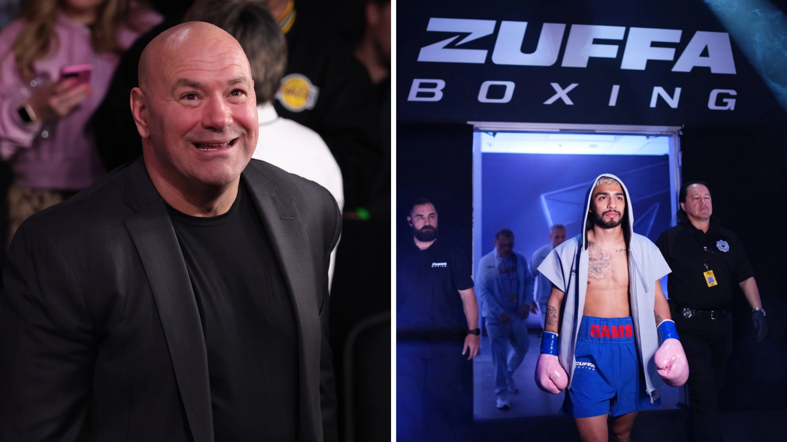 Чоловік у чорному піджаку на заході та боксер у рингу під банером Zuffa Boxing