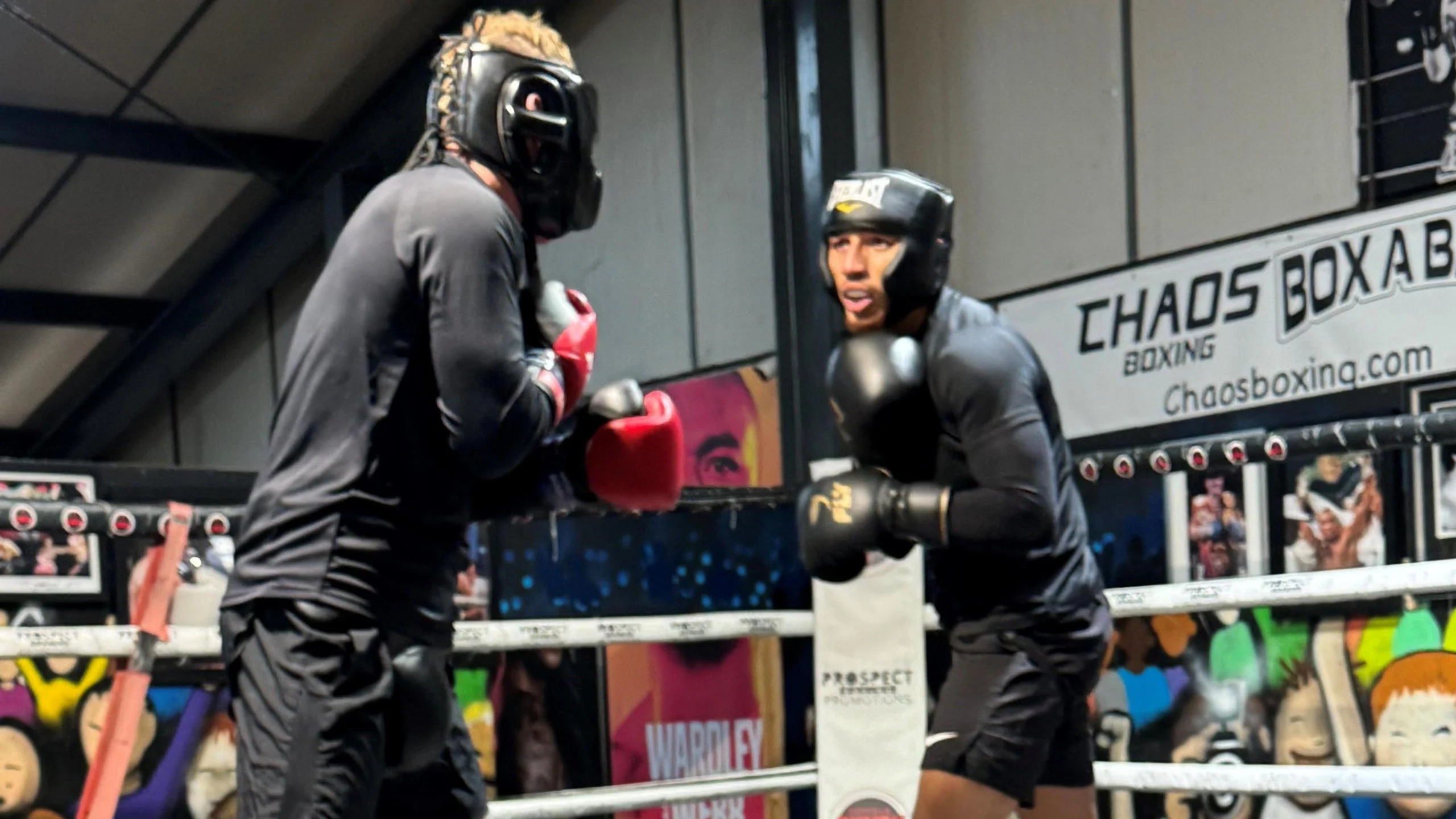 Двоє боксерів у шоломах тренуються на рингу в залі Chaos Boxing, готуючись до бою