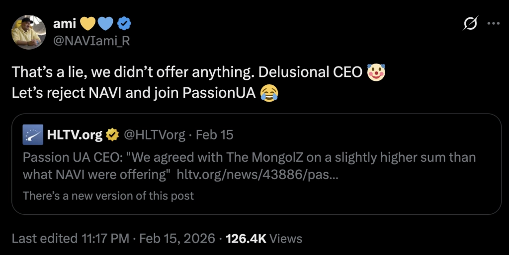 Твіт з критикою заяви CEO Passion UA про переговори з The MongolZ, реакція від NAVI
