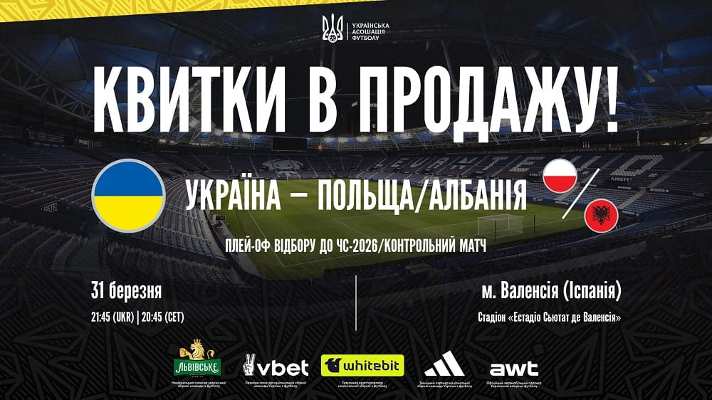 Афіша футбольного матчу Україна проти Польщі/Албанії у Валенсії, стадіон «Естадіо Сьютат де Валенсія