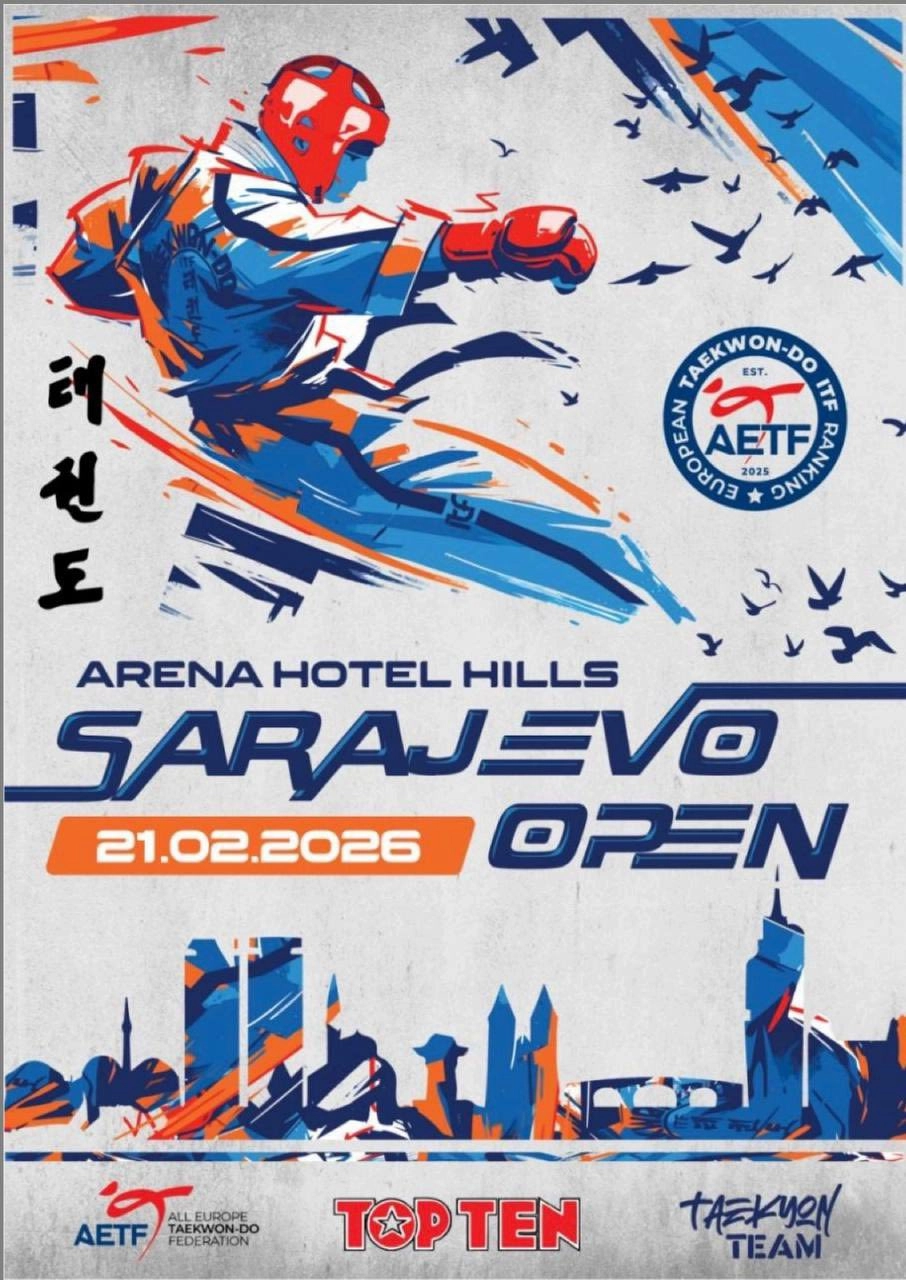 Плакат турніру Sarajevo Open 2026 з зображенням спортсмена у динамічній позі та міського пейзажу