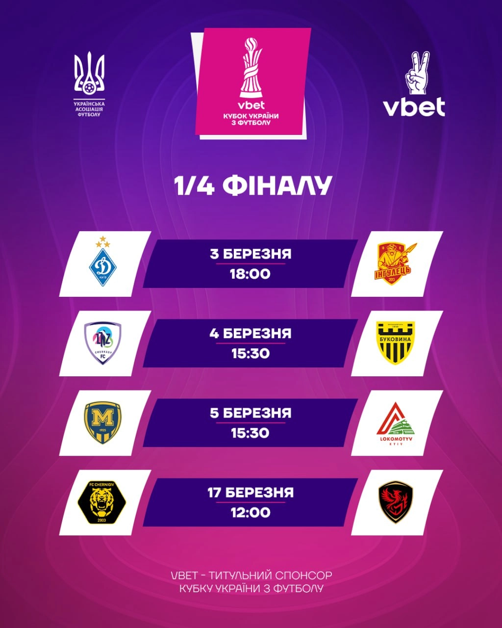 Логотипи команд-учасниць 1/4 фіналу Vbet Кубка України-2025/2026 з датами матчів