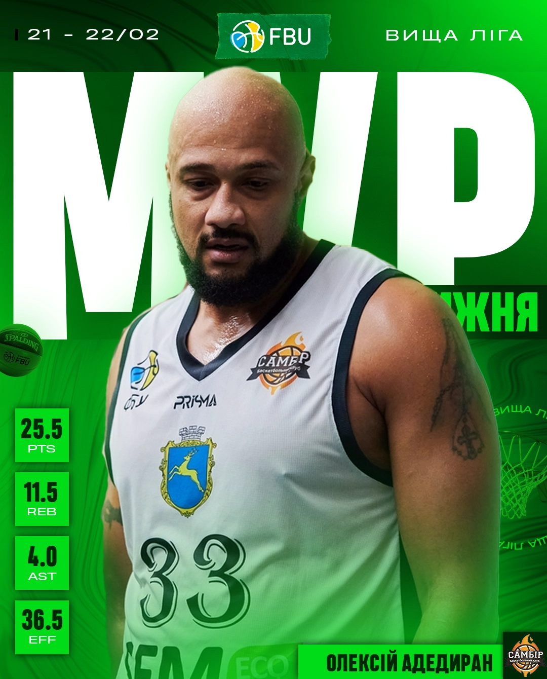 Олексій Адедиран у формі Самбора, визнаний MVP десятого ігрового тижня Вищої ліги баскетболу