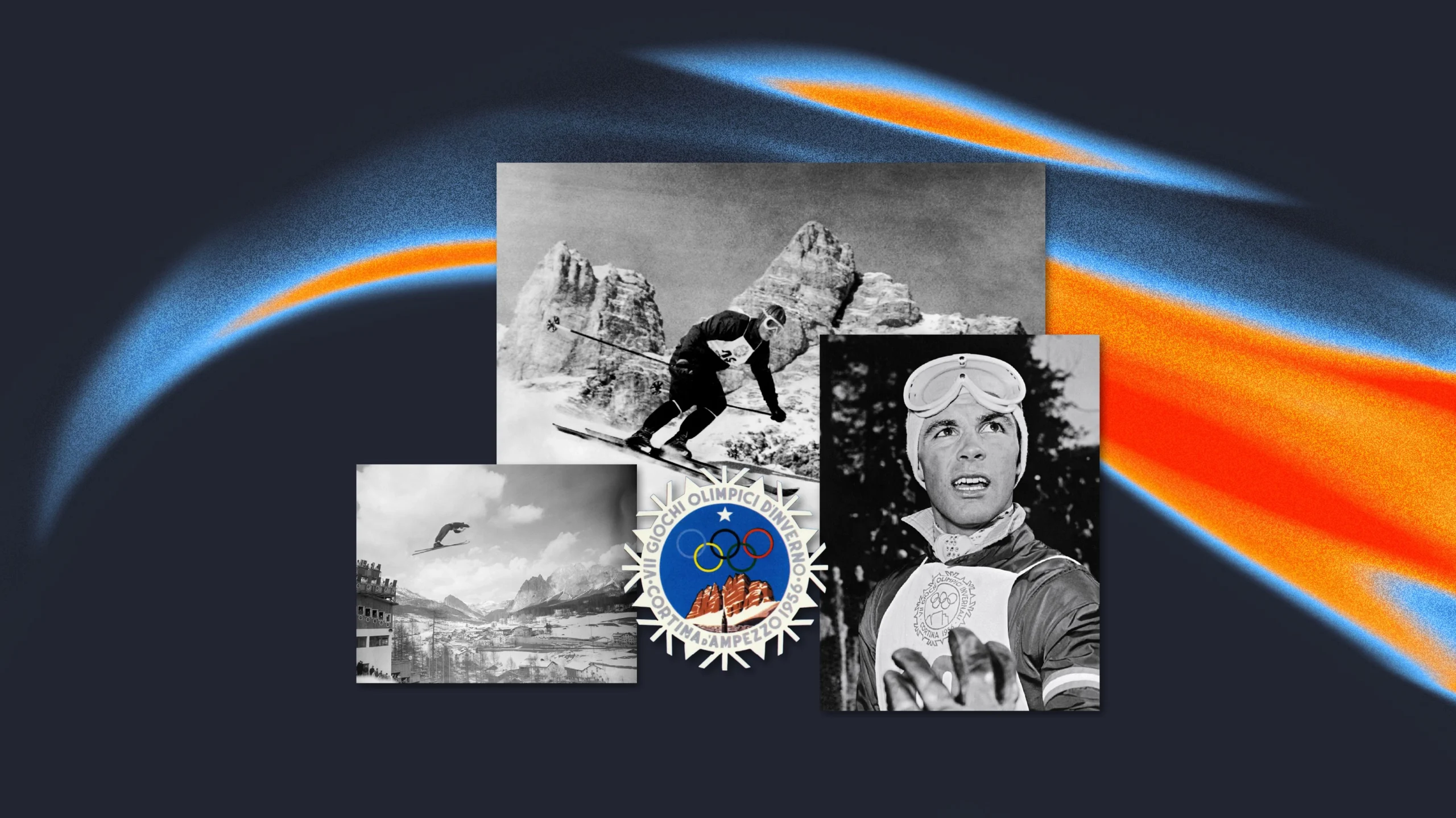 Старі фотографії зимових Олімпійських ігор 1956 року в Кортина-д'Ампеццо на фоні гірських пейзажів