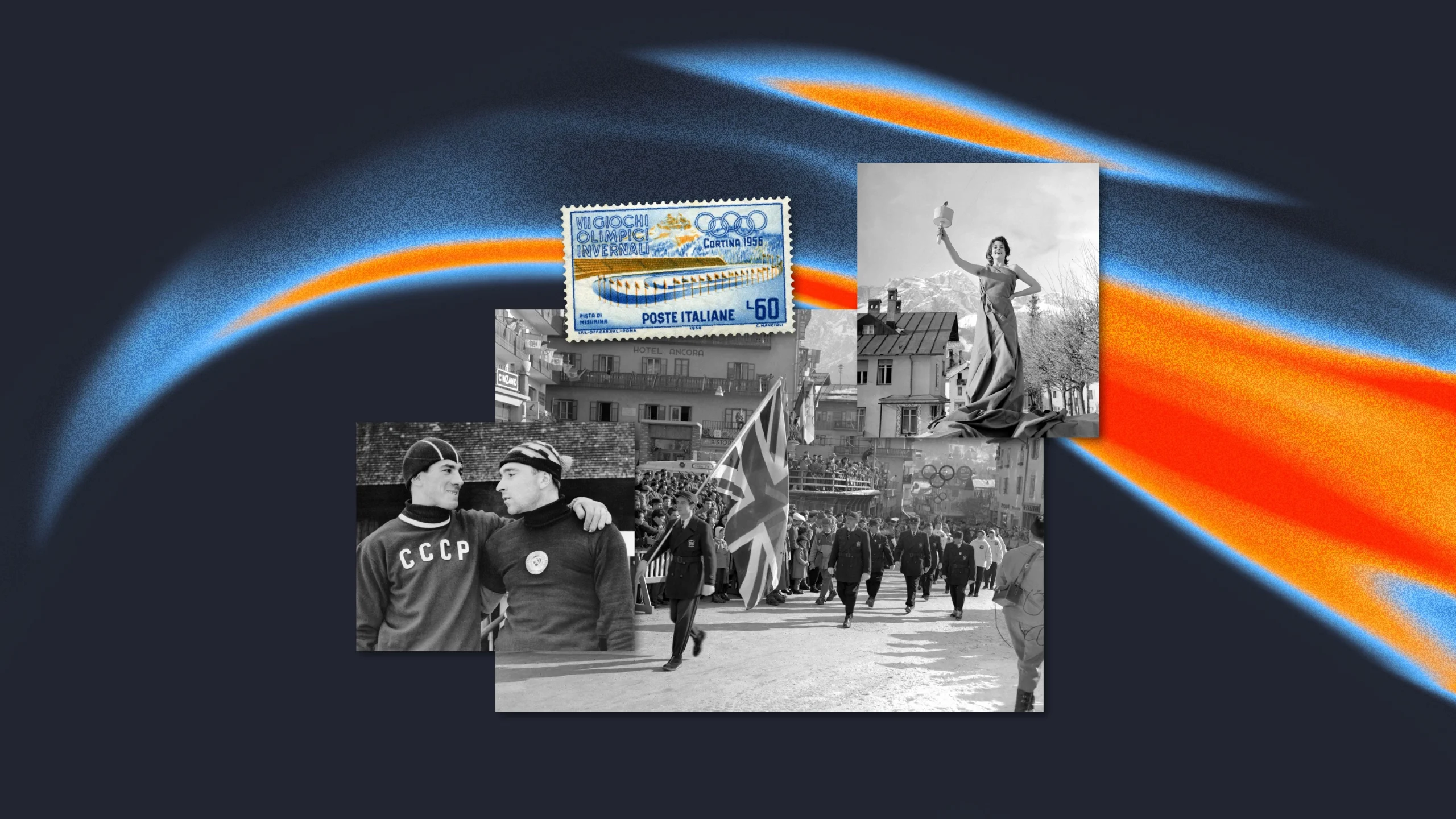 Чорно-білі фото спортсменів на Олімпіаді 1956 року в Кортина-д'Ампеццо, поштові марки та прапори