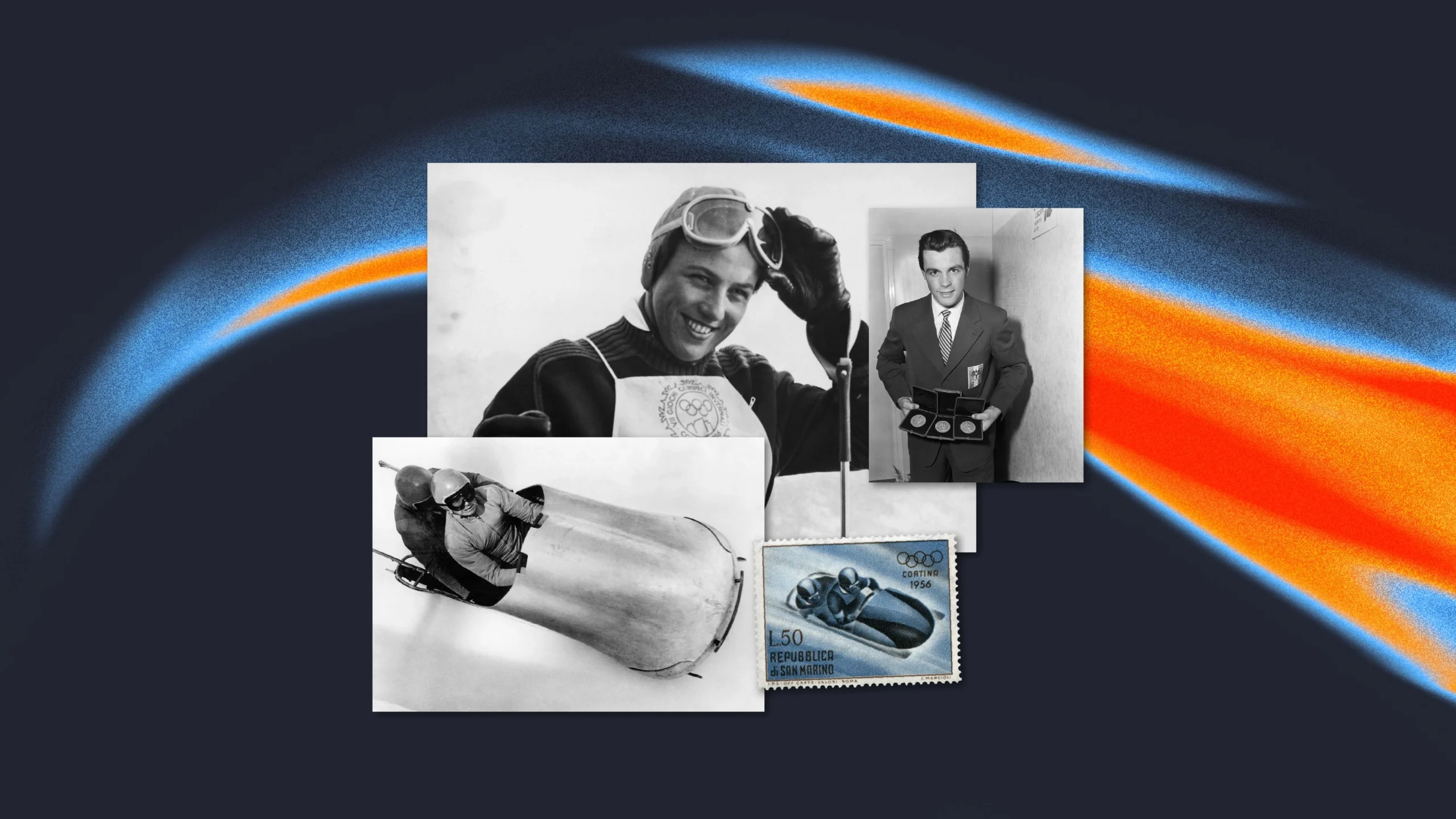 Спортсмени на зимових Олімпійських іграх 1956 року в Кортіні, архівні знімки та олімпійська марка