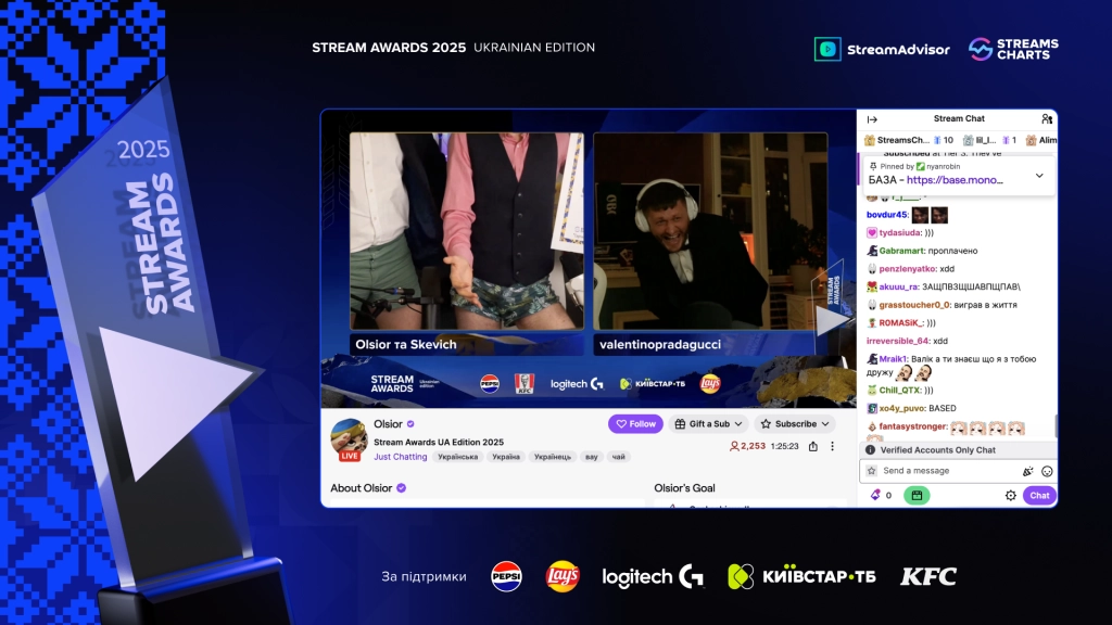 Два стримери на екрані під час Stream Awards 2025, чат з коментарями праворуч