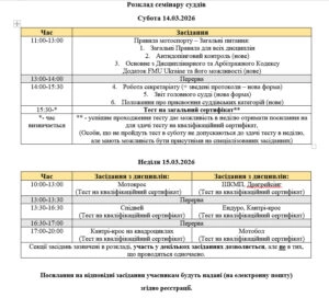 Розклад семінару суддів ФМСУ на 14-15 березня 2026 року з детальним описом засідань та часу проведення