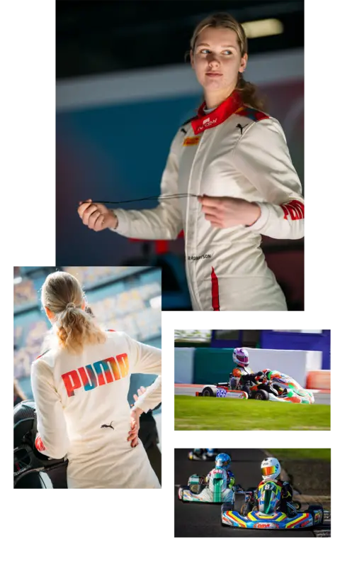 Жінка в гоночному костюмі PUMA готується до заїзду, поруч зображення картингу на треку