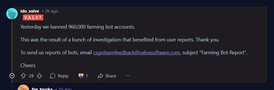 Скріншот повідомлення від Valve про блокування 960,000 акаунтів, пов'язаних з ботофермами