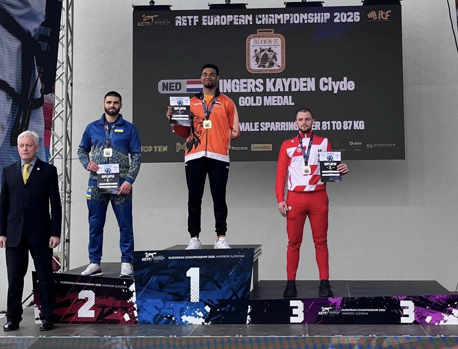 Переможці Чемпіонату Європи 2026 з Таеквон-До у категорії 81-87 кг на п'єдесталі в Маріборі