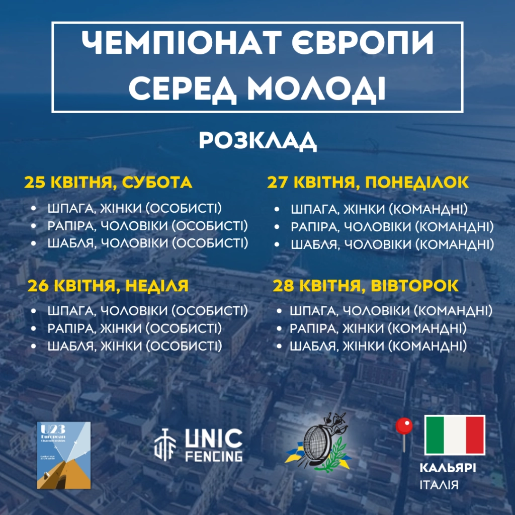 Розклад чемпіонату Європи з фехтування U-23 у Кальярі, Італія, 25-28 квітня 2023 року