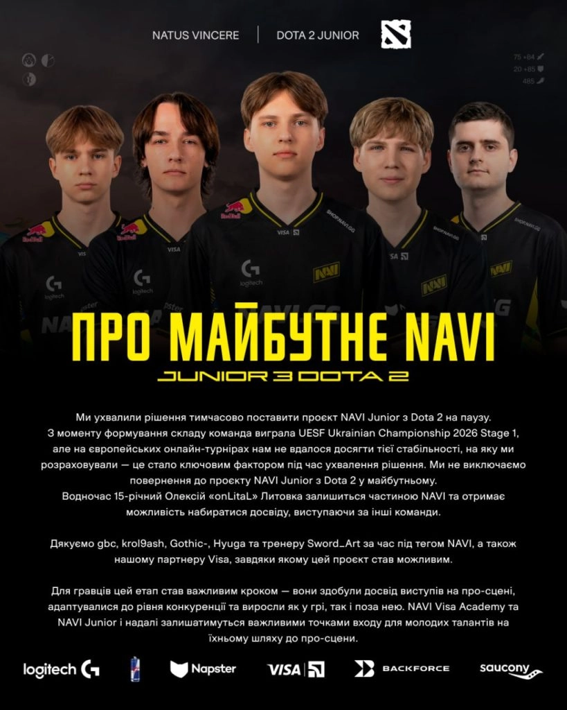 Гравці NAVI Junior Dota 2 після перемоги на UESF Ukrainian Championship 2026 Stage 1