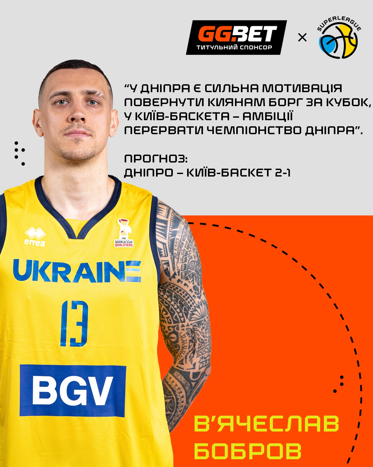 Форвард Вʼячеслав Бобров прогнозує фінал Суперліги GGBET: Дніпро vs Київ-Баскет 2-1