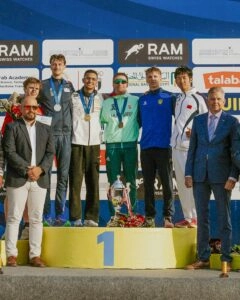 Українські п’ятиборці Юрій Ковальчук і Данило Сич на церемонії нагородження Кубка Світу