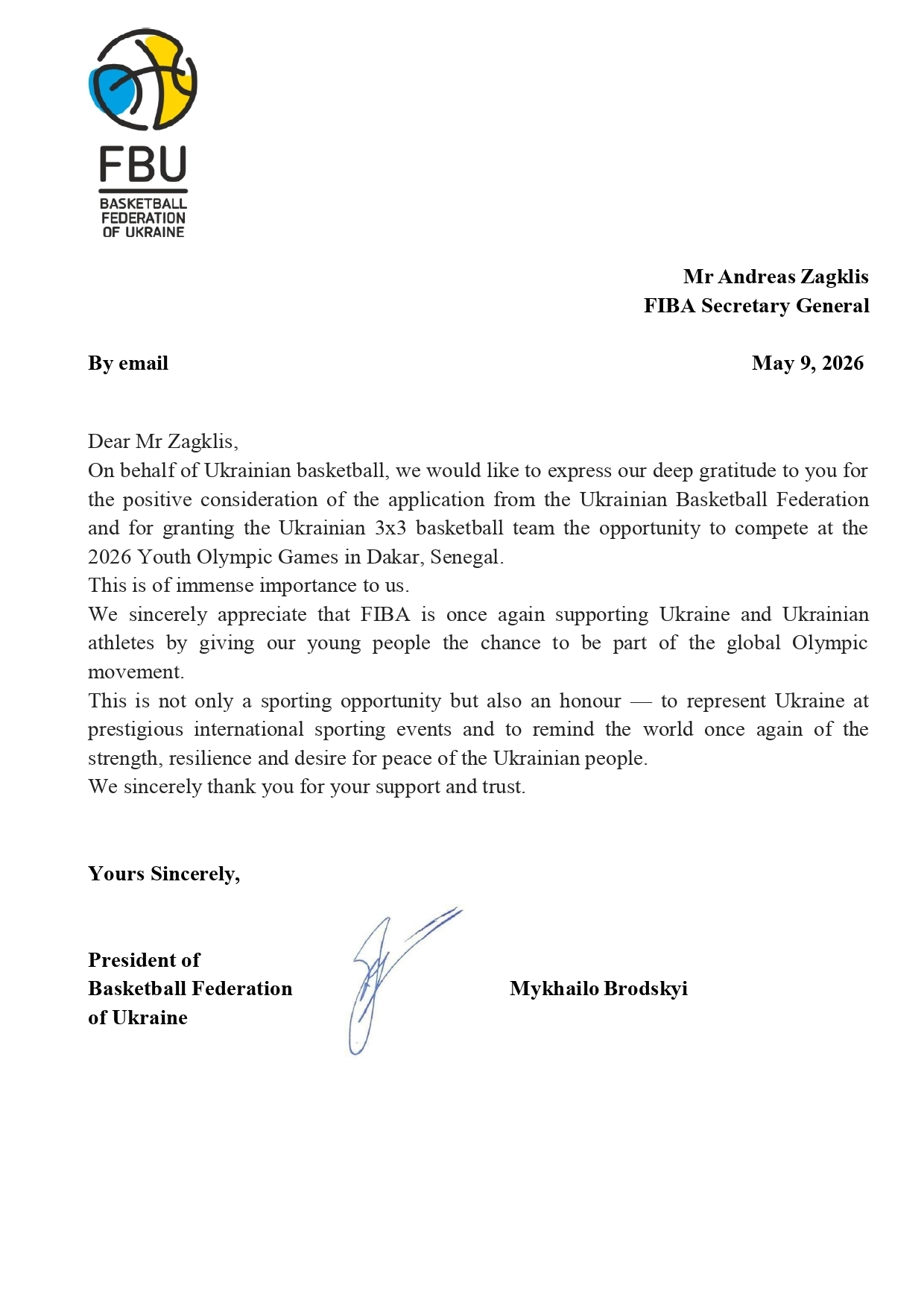 Лист ФБУ до ФІБА з подякою за участь жіночої збірної України U-18 у Юнацьких Олімпійських іграх 2026