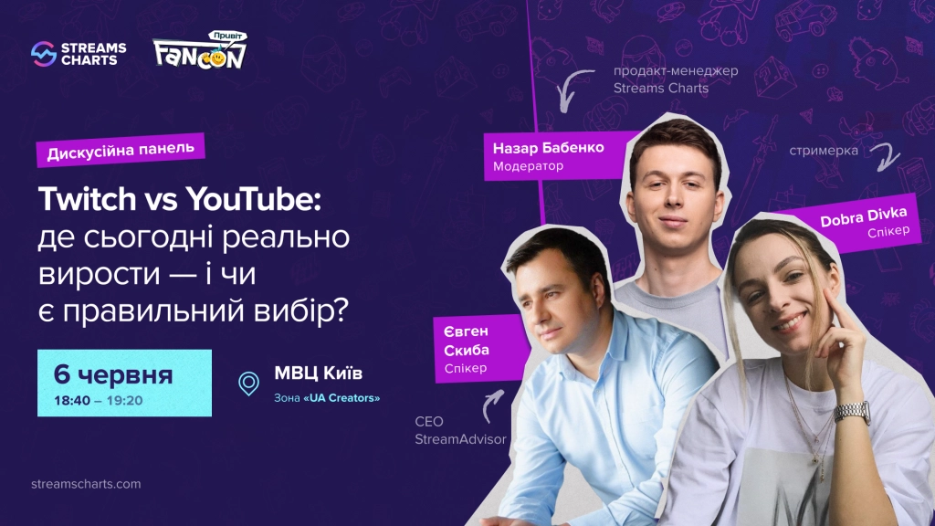 Дискусійна панель Twitch vs YouTube на FANCON 2026 у Києві, модератор Назар Бабенко