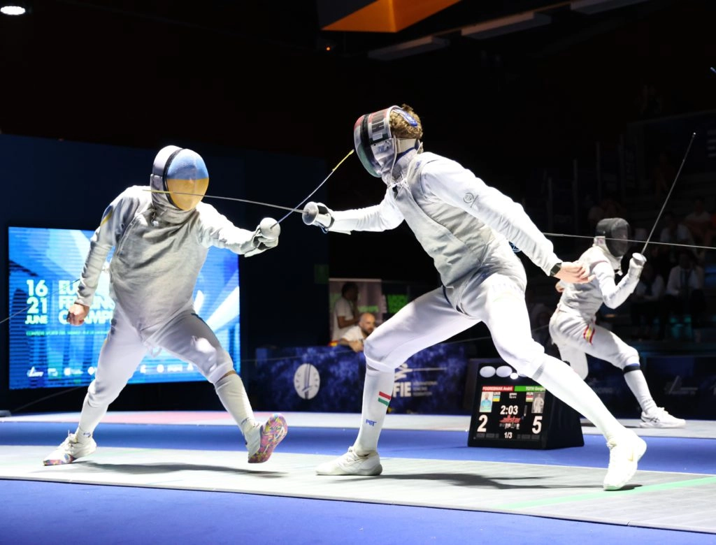 Андрій Погребняк на чемпіонаті Європи з фехтування в Антоні, поєдинок проти Орі Фінстербуша