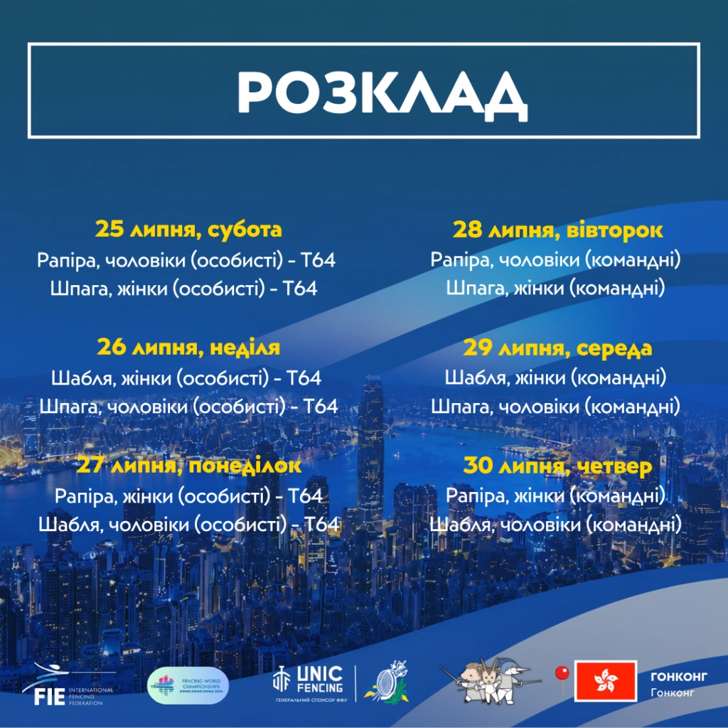 Розклад чемпіонату світу з фехтування у Гонконзі, 22-30 липня, виставковий центр ASIAWORLD-EXPO