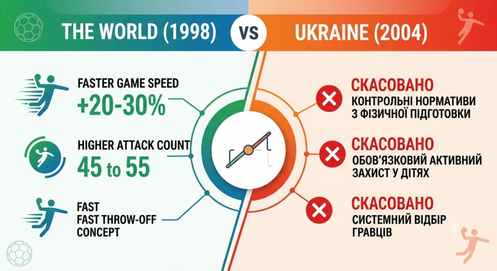 Зміни у гандболі 1998: швидкість +20-30%, атаки 45-55; Україна 2004: скасування нормативів