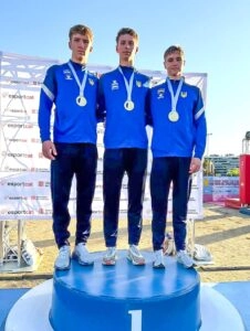 Чемпіони Європи з сучасного п’ятиборства: Олег Рибак, Данило Сич, Максим Ковальчук на п'єдесталі в Барселоні