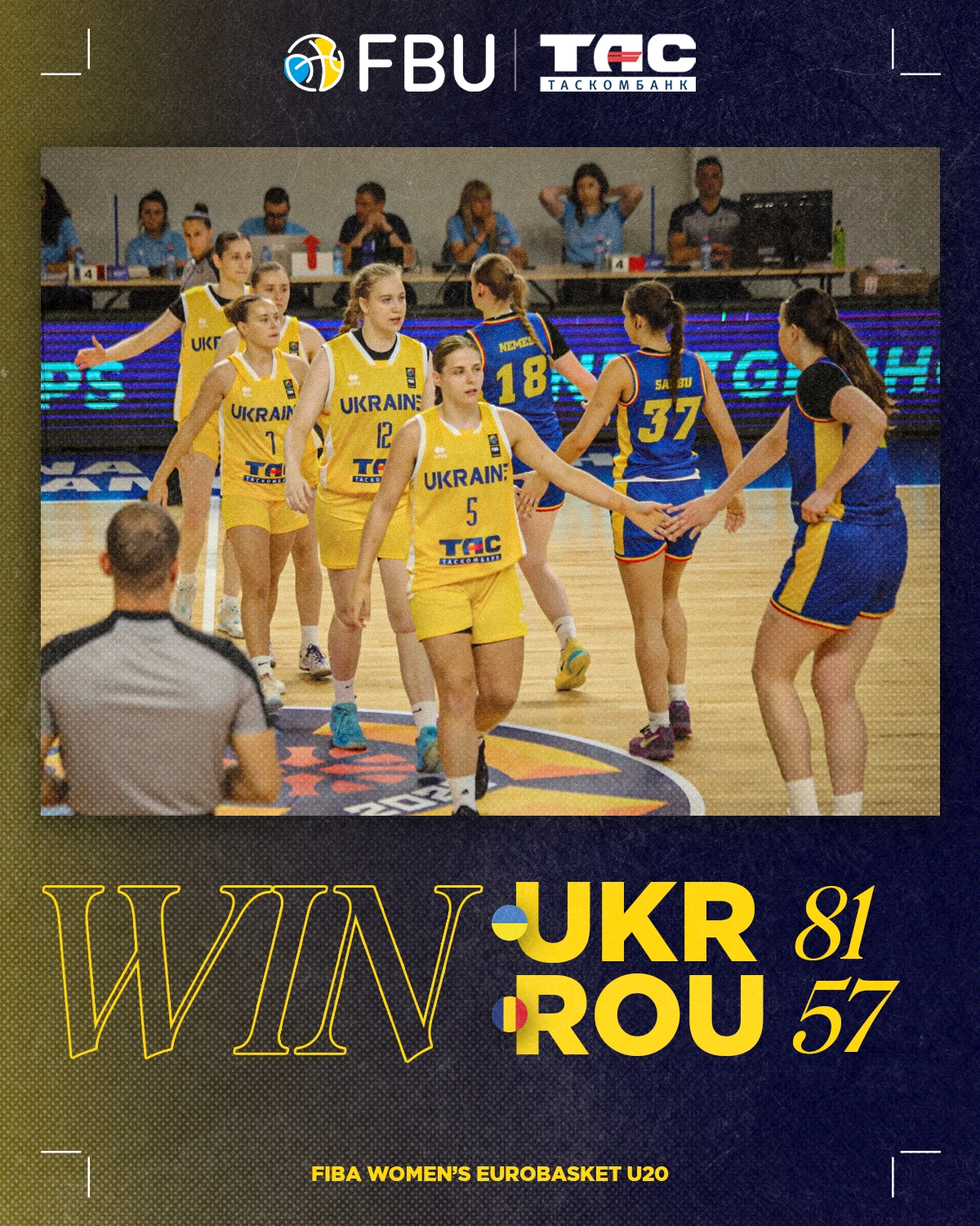 Жіноча збірна України святкує перемогу над Румунією 81:57 на чемпіонаті Європи U-20 в Самокові